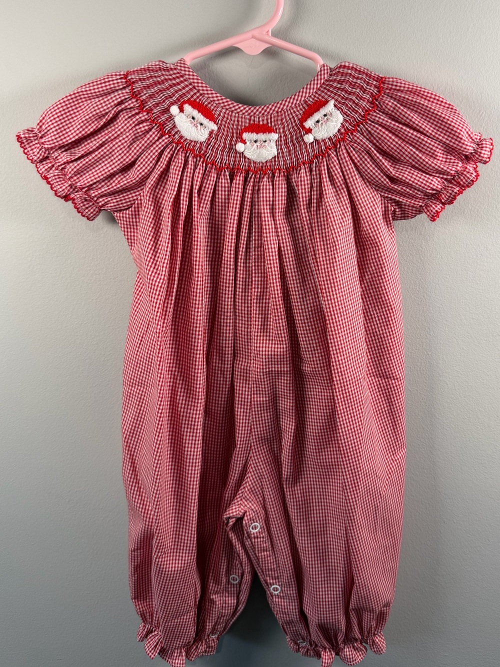Classic Whimsy Red Gingham Santa Smocked Romper Size 6M NWT